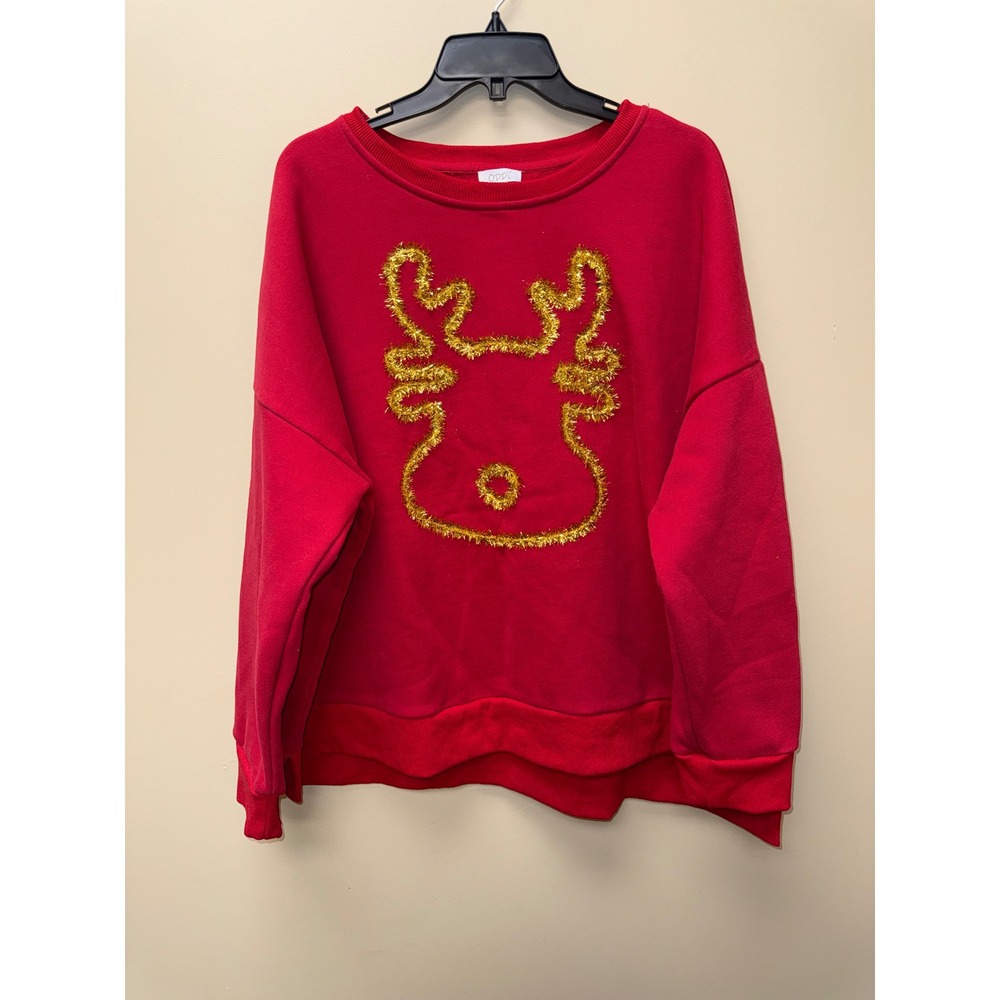 Oddi Womens Red Gold Tinsel Reindeer Christmas Sweatshirt Plus Size 3XL Holiday